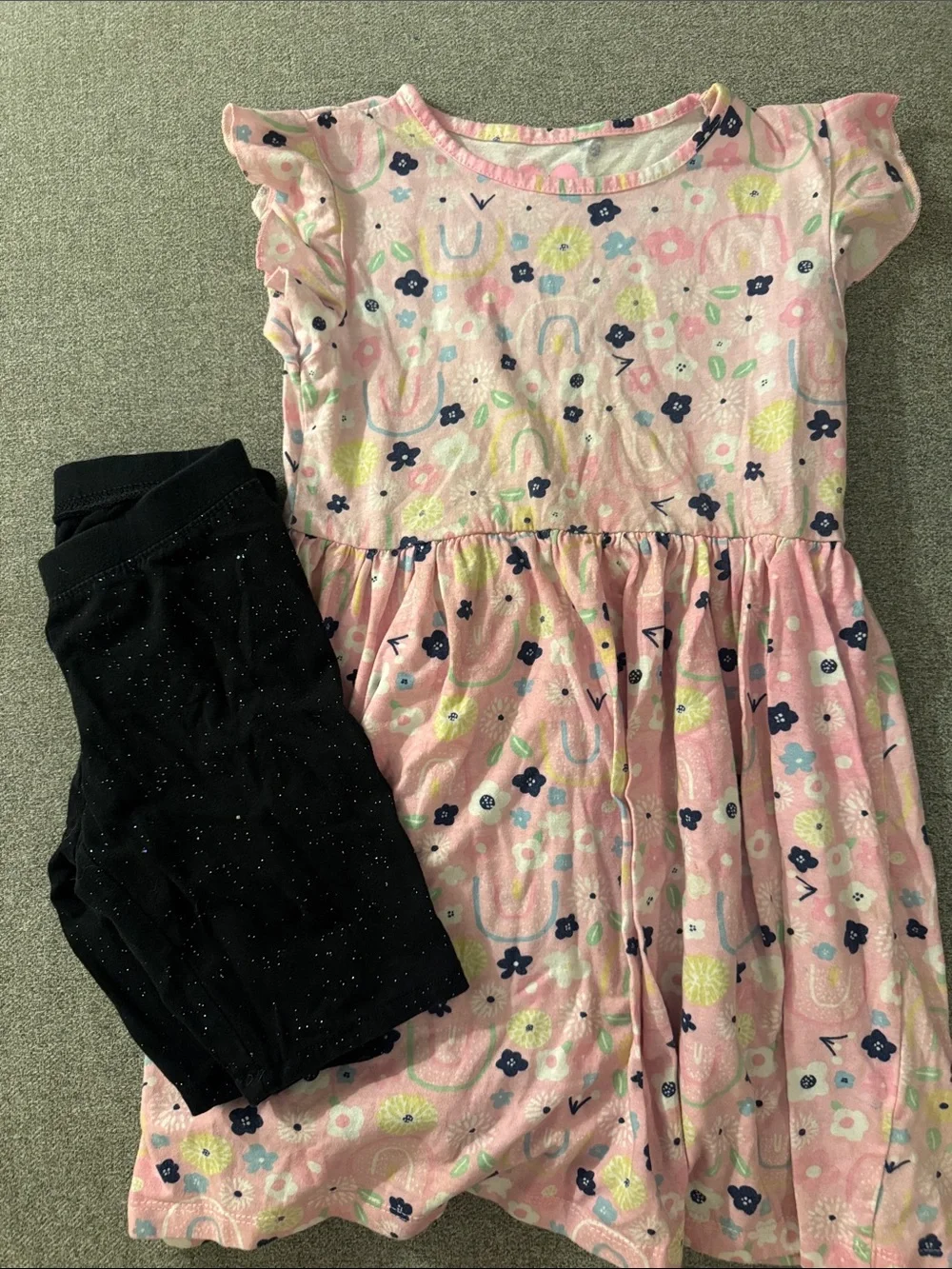 5/$15- Pink Floral Girls Dress with Black Sparkle Leggings